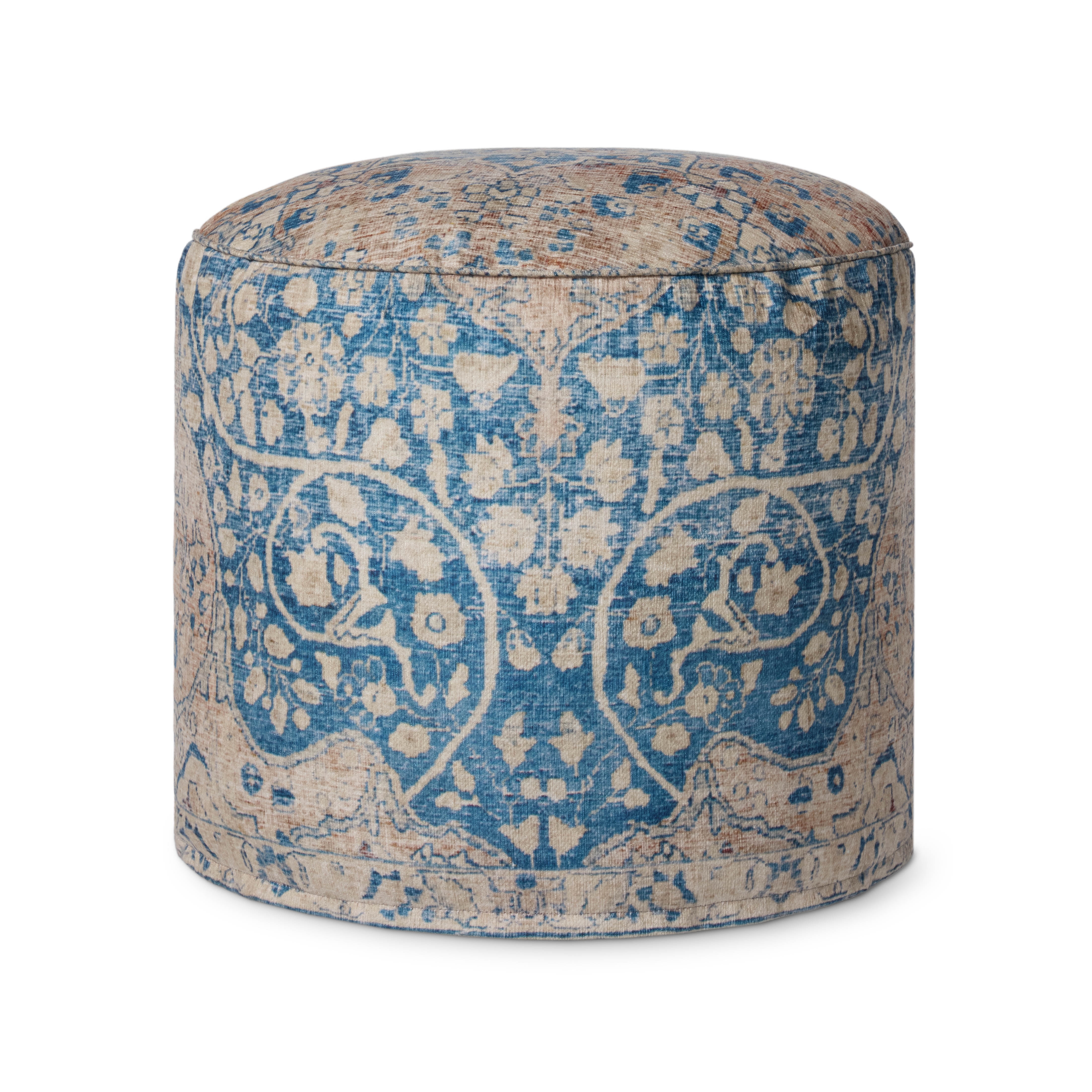 Loloi LPF211 Blue / Tangerine 18"x 18" x 20" Pouf for Living Room or Bedroom