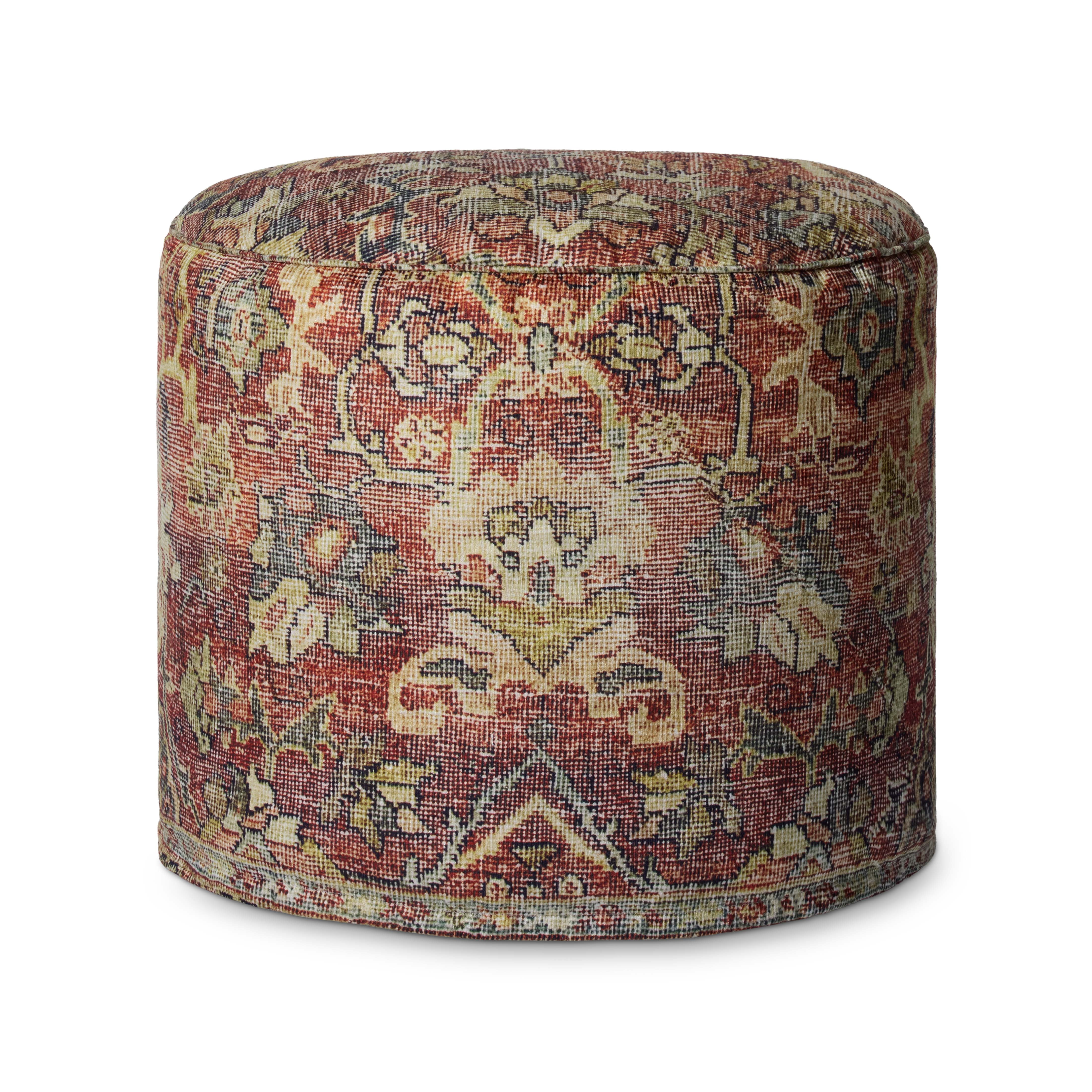 Loloi LPFLAY2 Spice Red 18" x 18" x 20" Vintage-Inspired Pouf for Living Room or Bedroom