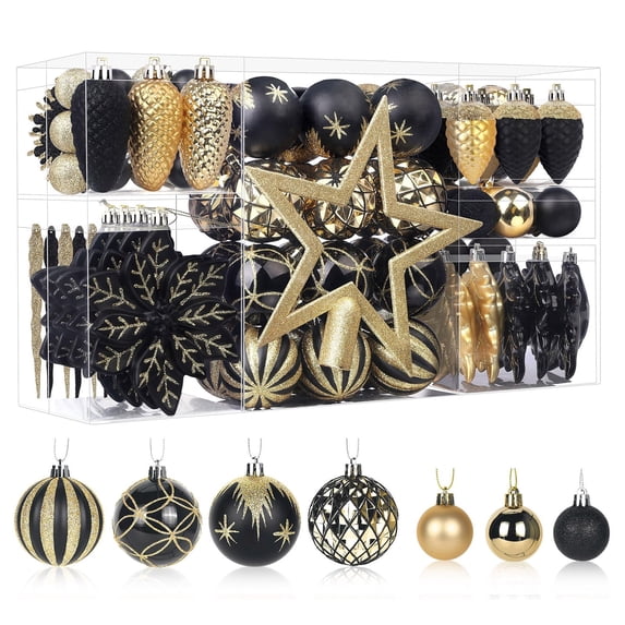 Lolsea 106ct Christmas Balls Ornaments Set, Colorful Plastic Shatterproof Decorative Baubles for Xmas Tree Decor, Black & Gold