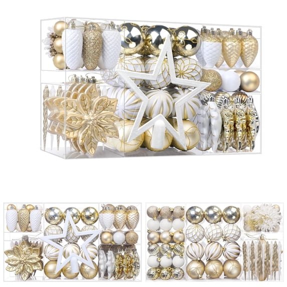 Lolsea 106ct Christmas Balls Ornaments Set, Colorful Plastic Shatterproof Decorative Baubles for Xmas Tree Decor, Gold & White