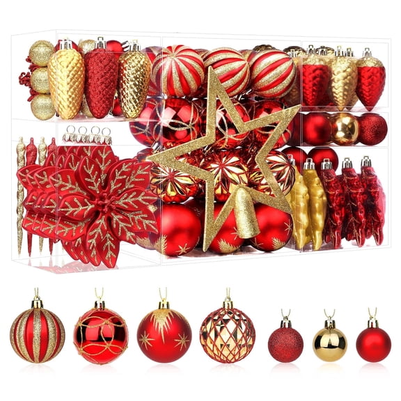 Lolsea 106ct Christmas Balls Ornaments Set, Colorful Plastic Shatterproof Decorative Baubles for Xmas Tree Decor, Red & Gold