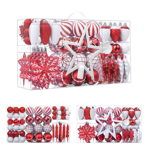 Lolsea 106ct Christmas Balls Ornaments Set, Colorful Plastic Shatterproof Decorative Baubles for Xmas Tree Decor, Red & White