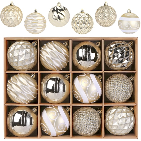 Lolsea 12ct Christmas Ball Ornaments, 3.15 inch Shatterproof Xmas Tree Decorations, Plastic Baubles for Holiday, Party, Wedding, or Home Decor, Gold & White (80mm)