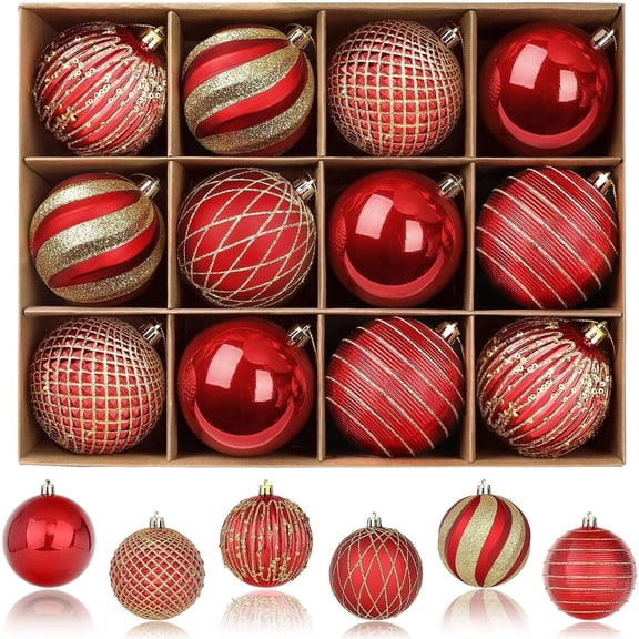 Lolsea 12ct Christmas Ball Ornaments, 3.15 inch Shatterproof Xmas Tree Decorations, Plastic Baubles for Holiday, Party, Wedding, or Home Decor, Red & Gold (80mm)