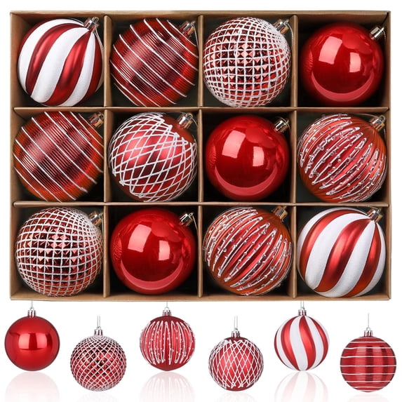 Lolsea 12ct Christmas Ball Ornaments, 3.15 inch Shatterproof Xmas Tree Decorations, Plastic Baubles for Holiday, Party, Wedding, or Home Decor, Red & White (80mm)