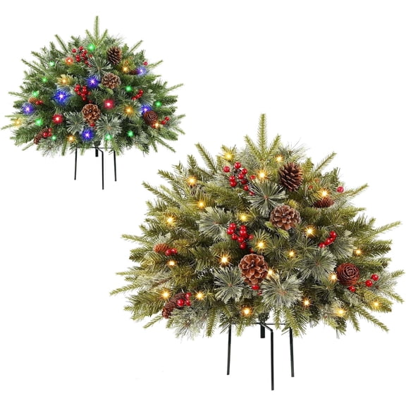 Lolsea 18 Inch Pre-lit Outdoor Christmas Tree with Multi-Color Lights, Timer, Battery Operated, Lighted Pathway Urn Filler with Pine Cones
