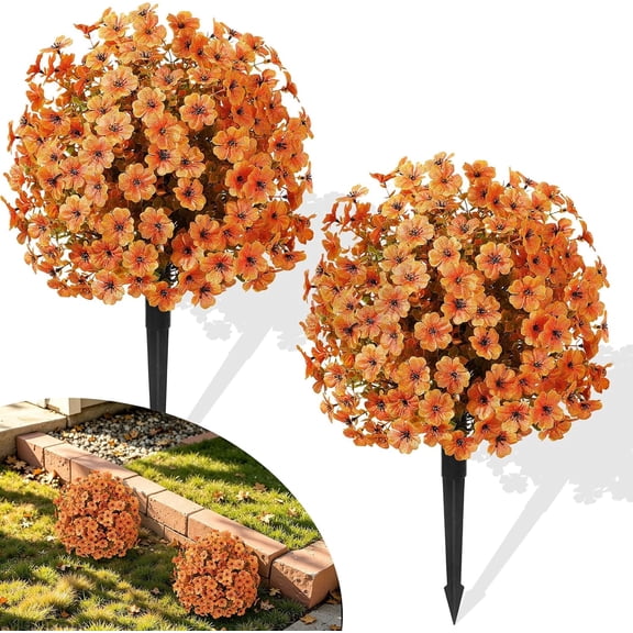Lolsea 2 Pcs 20" Artificial Topiary Ball Flowers For Outdoors Planters, Fall Decoration with Spike, UV Resistant Faux Fall Plants, Orange