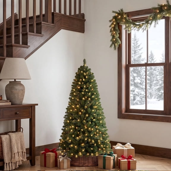 Lolsea 4.5ft Prelit Artificial Classic Christmas Tree with Warm White Lights for Living Room Office Party Decoration