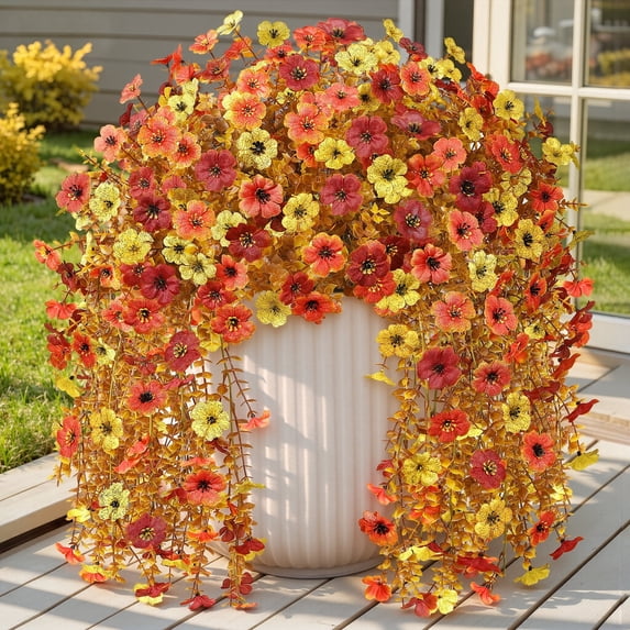 Lolsea 4 Pcs Artificial Fall Flowers, UV Resistant Fake Hanging Plants Faux Silk Violets for Outdoors Decoration, Orange, Yellow, Brown