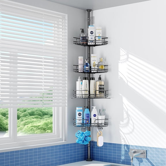 Lolsea 4-Tier Rustproof Tension Shower Caddy, Bathtub Shampoo Storage Bathroom Organizer with 4 Upgrade Large Capacity Adjustable Baskets, Adjustable from 23 to 125 inches