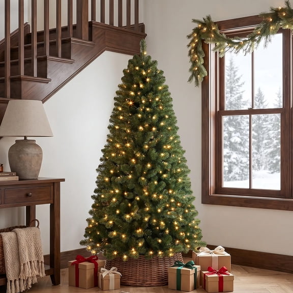 Lolsea 6.5ft Prelit Artificial Classic Christmas Tree with Warm White Lights for Living Room Office Party Decoration