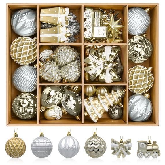 Lolsea 82pcs Christmas Balls Ornaments Set, Shatterproof Plastic Decor for Xmas Tree with Hanging Strings, Gold & White
