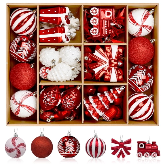 Lolsea 82pcs Christmas Balls Ornaments Set, Shatterproof Plastic Decor for Xmas Tree with Hanging Strings, Red & White