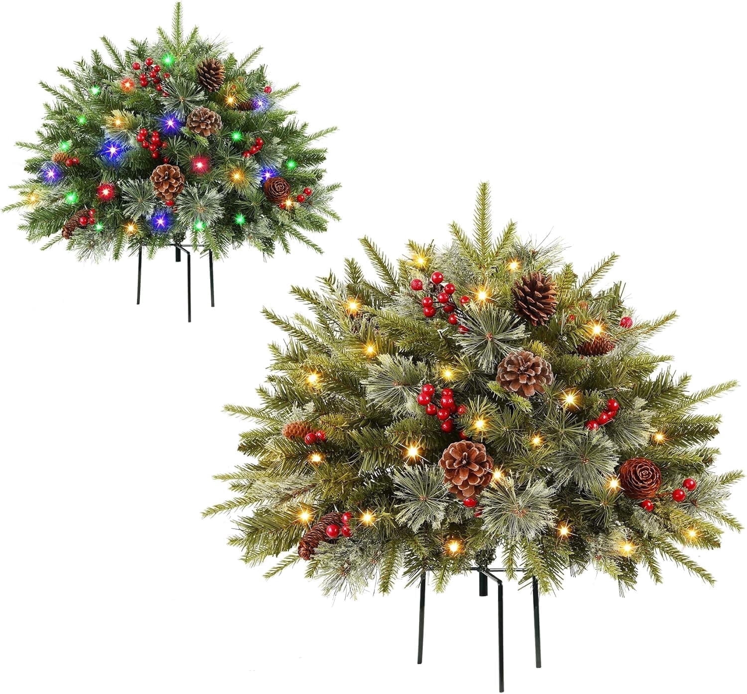 Lolsea Set of 2 18 Inch Pre-lit Outdoor Christmas Tree with Multi-Color Lights, Timer, Battery Operated, Lighted Pathway Urn Filler with Pine Cones
