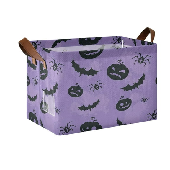 Lolynie Purple Bat And Pumpkin Collapsible Bin - Halloween Themed Storage Basket For Home, Party And Seasonal Organization