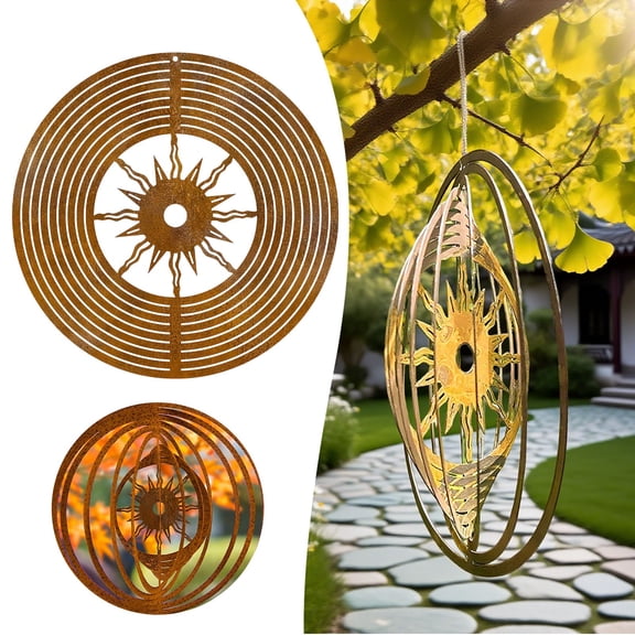 Lolynie Solar Powered Sun Wind Spinner | Rust-Finish Metal Garden Decor | 3D Kinetic Patio Ornament | Mesmerizing
