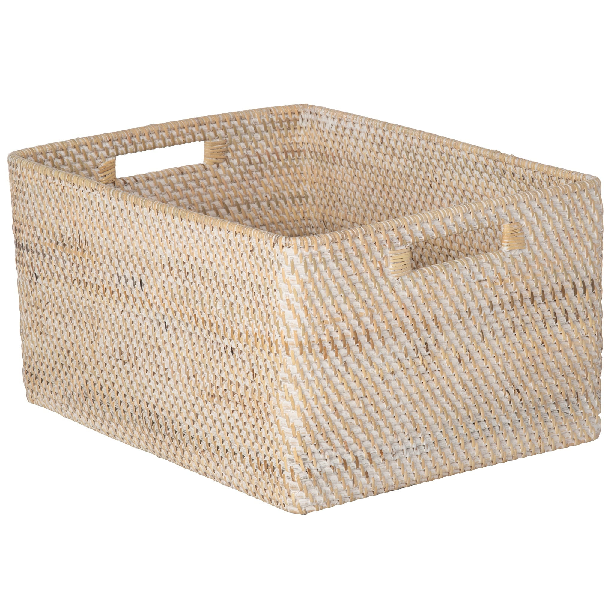 Latte Rectangular Handwoven Rattan Storage Basket with Cut-Out Handles