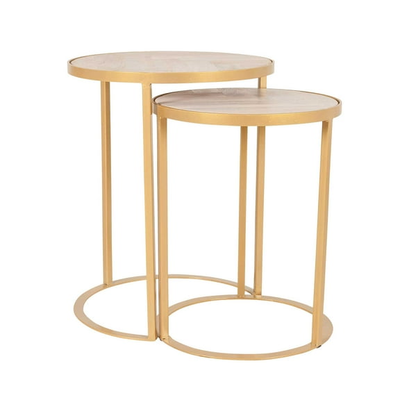 Loma Round Wood & Iron Accent Tables Set/2, White Sand/Gold