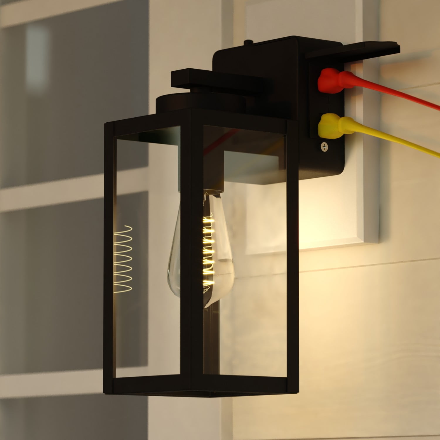 Lombard 1 Light Dusk to Dawn Black Contemporary Outdoor Wall Lantern with Integrated GFCI Outlet
