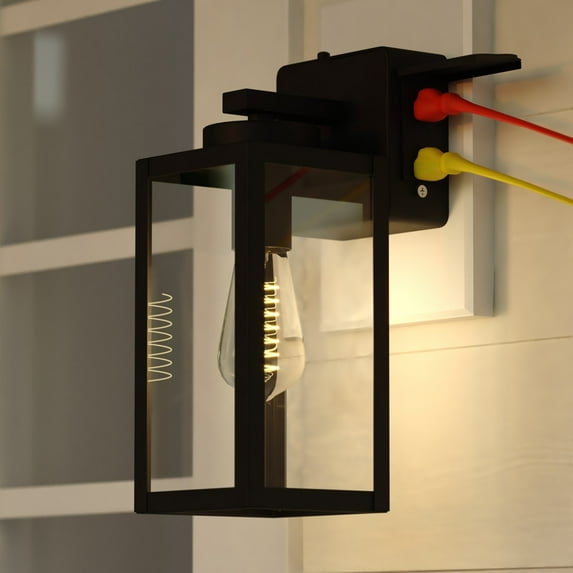 Lombard 1 Light Dusk to Dawn Black Contemporary Outdoor Wall Lantern with Integrated GFCI Outlet