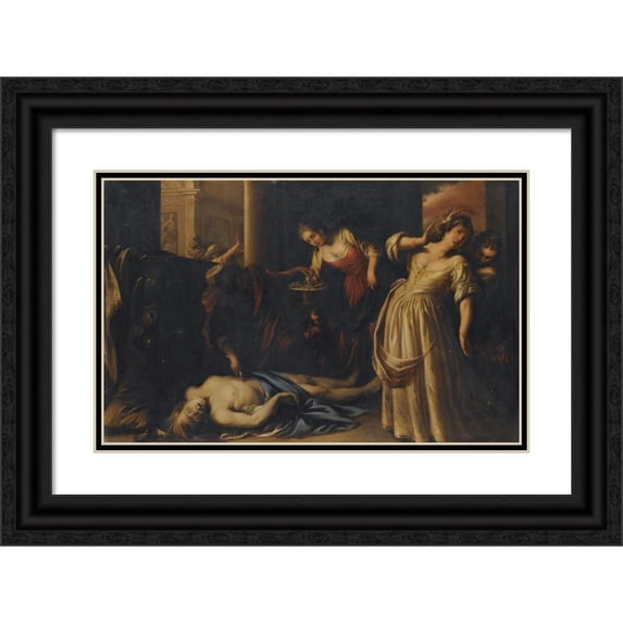 Lombard School 14x11 Black Ornate Wood Framed Double Matted Museum Art Print Titled: The Death of Cleopatra (Mid 17th Century)