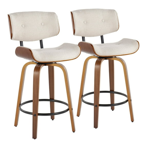 Lombardi 26" Mid-Century Modern Fixed-Height Counter Stool with Swivel in Walnut Wood and Cream Noise Fabric with Round Black Metal Footrest by LumiSource - Set of 2