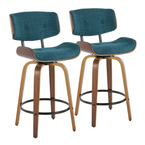 Lombardi 26" Mid-Century Modern Fixed-Height Counter Stool with Swivel in Walnut Wood and Teal Fabric with Round Black Metal Footrest by LumiSource - Set of 2