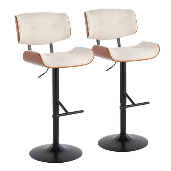 Lombardi Mid-Century Modern Adjustable Barstool With Swivel In Black Metal, Cream Noise Fabric And Walnut Wood Accent -