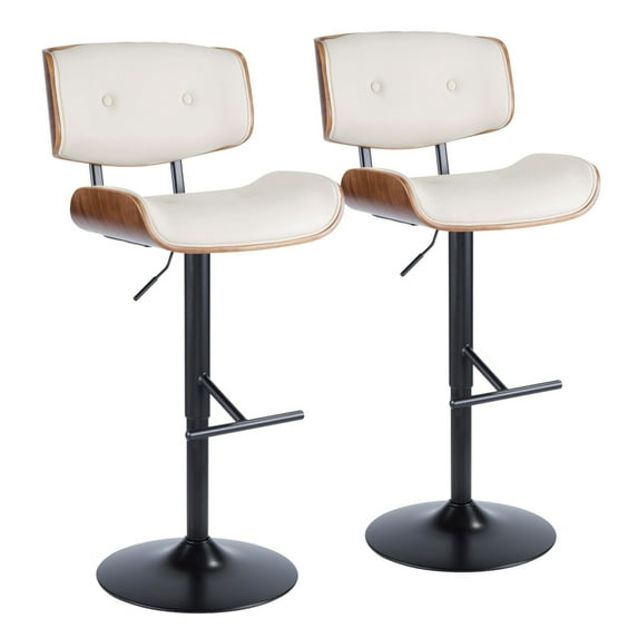 Lombardi Mid-Century Modern Adjustable Barstool With Swivel In Walnut With Cream Faux Leather - Set Of 2