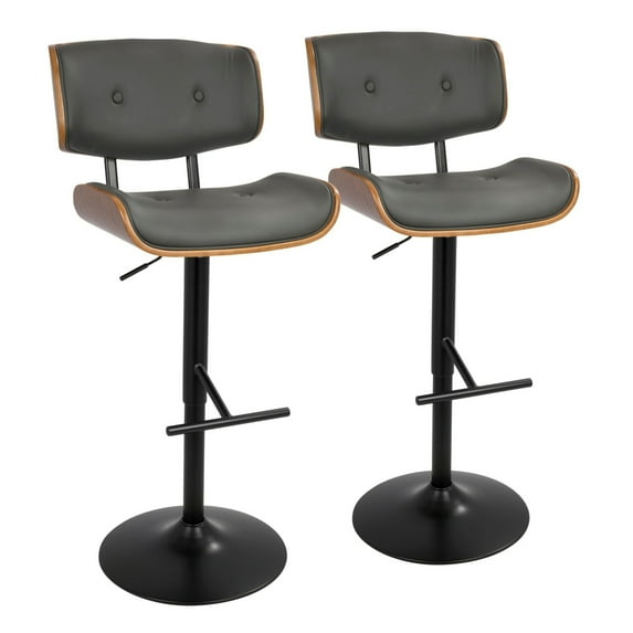 Lombardi Mid-Century Modern Adjustable Barstool With Swivel In Walnut With Grey Faux Leather - Set Of 2