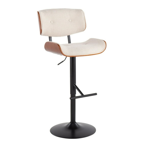 Lombardi Mid-Century Modern Barstool In Black Metal And Cream Noise Fabric With Walnut Wood Accent