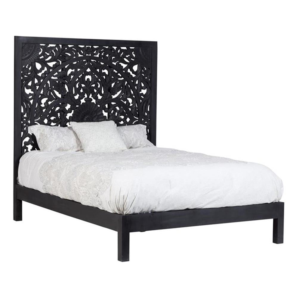 Lombok Hand Carved Floral Queen Bed Black