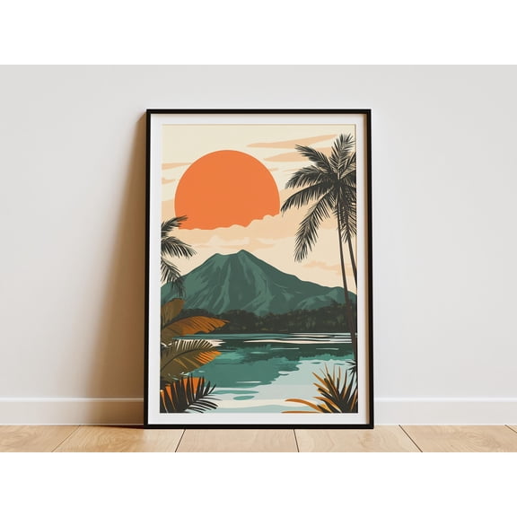 Lombok Island Indonesia Poster Tropical Palm Tree Sunset Nature Art Print Modern Minimalist Home Decor Vacation Travel Illustration Beach