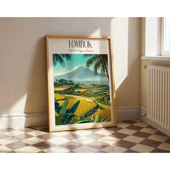 Lombok Poster Indonesia Landscape Art Print Tropical Island Wall Art Rustic Beach Decor Vintage Travel Poster Mount Rinjani Print