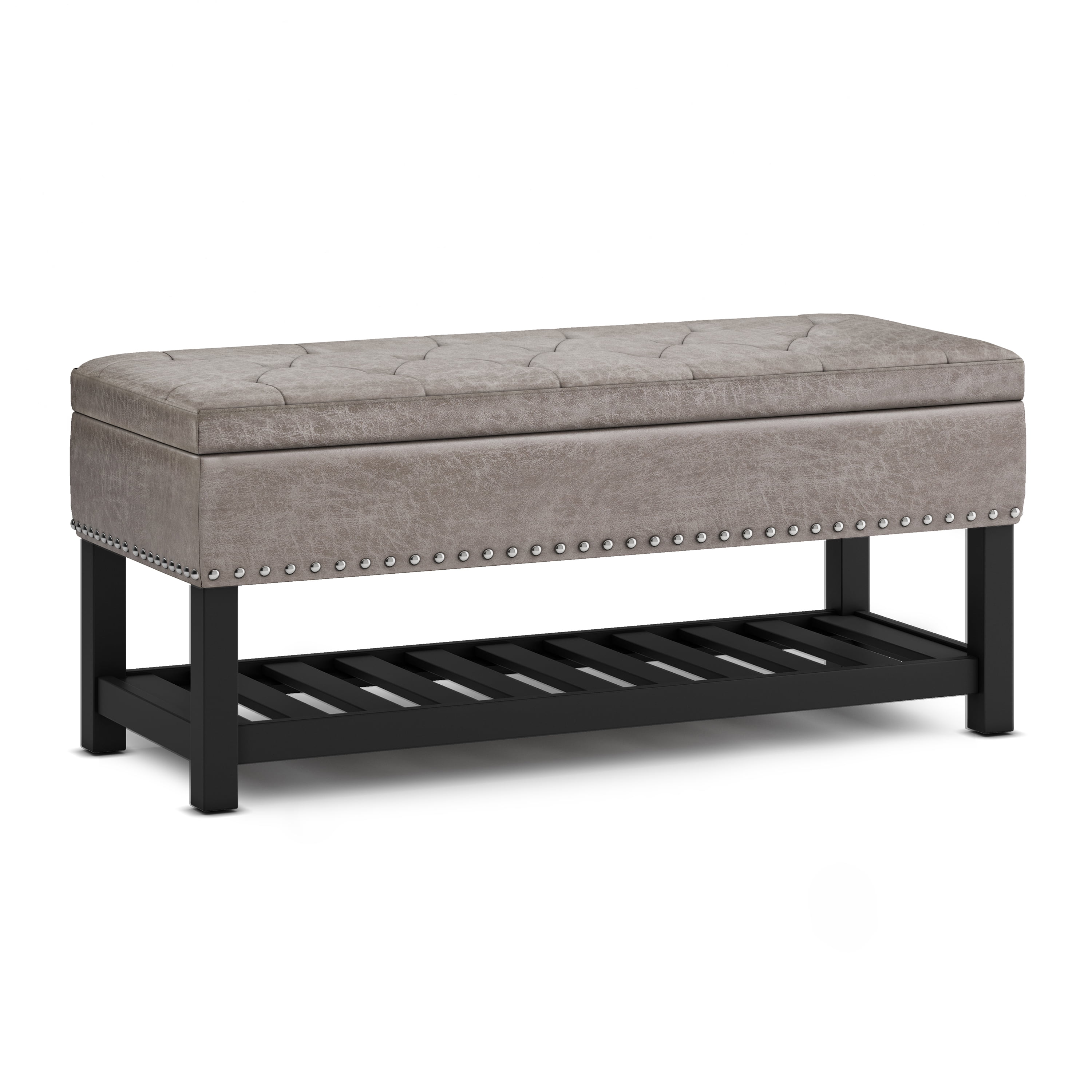 Lomond Distressed Gray Taupe Tufted Storage Ottoman Bench