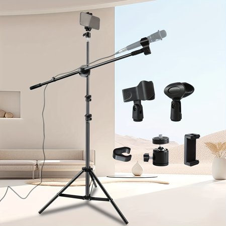 General's Adjustable Mic Stand with Boom Arm, Dual Clips & Phone Holder for Live Events, Weddings, Stage Performances & Christmas Gifts