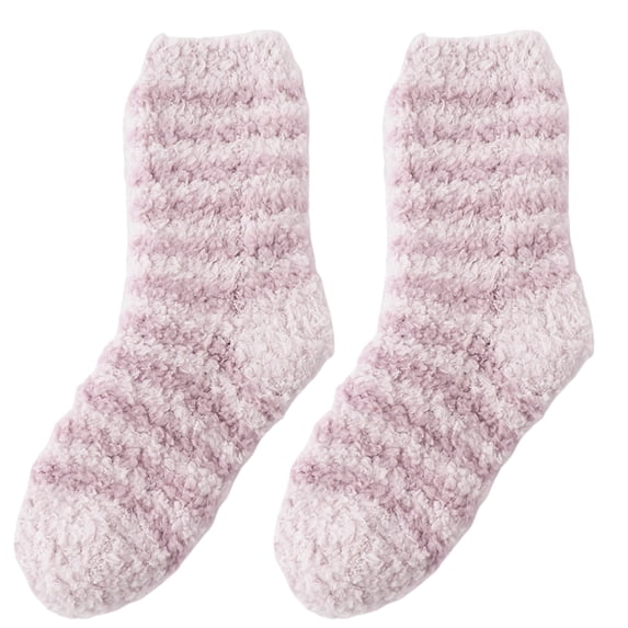 Lomubue 1 Pair Floor Socks Striped Fuzzy Stretchy Soft Mid-calf Cold Resistant Comfortable Winter Thermal Women Indoor Home Slipper Sleeping Socks for Daily Wear