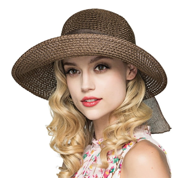 Lomubue Summer Wide Brim Sun Hat Sunscreen Cap Bow Foldable Solid Color Straw Hat