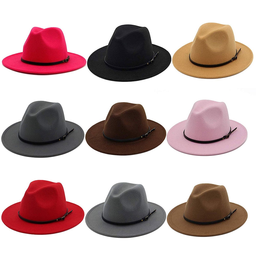 Lomubue Vintage Solid Color Felt Wide Brim Bowler Fedora Hat Winter ...