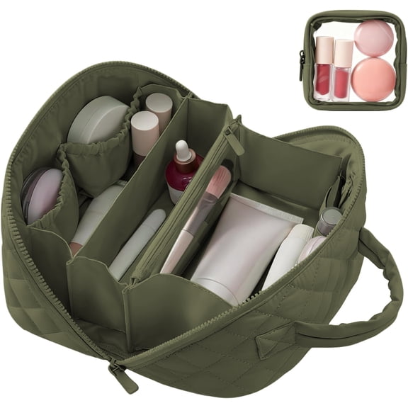 Lomyolo Travel Makeup Bag for Women, 2Pcs Puffer Cosmetic Bags Large Capacity, Toiletry Bag Waterproof Portable, Wide Open Cosmetic Organizer Pouch with Compartments for Toiletries & Brushes-GREEN