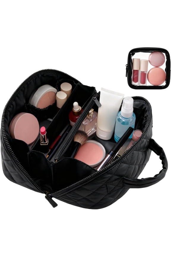 Travel Makeup Bag for Women, 2Pcs Puffer Cosmetic Bags Large Capacity, Toiletry Bag Waterproof Portable, Wide Open Cosmetic Organizer Pouch with Compartments for Toiletries & Brushes-BLACK