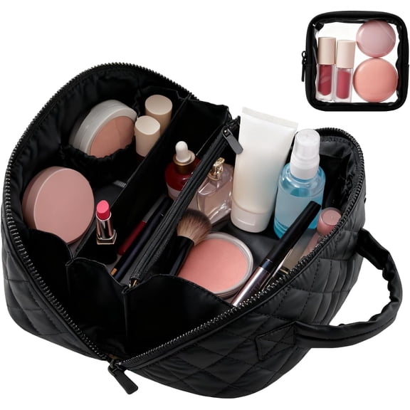 Lomyolo Travel Makeup Bag for Women, 2Pcs Puffer Cosmetic Bags Large Capacity, Toiletry Bag Waterproof Portable, Wide Open Cosmetic Organizer Pouch with Compartments for Toiletries & Brushes-BLACK
