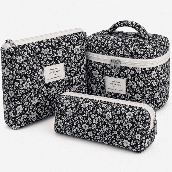 Lomyolo 3 Pcs Quilted Makeup Bag Set for Women, Cute Floral Cosmetic Bags, Large Travel Toiletry Bag, Makeup Pouch & Brush Bag Organizer - Black Floral