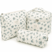 Lomyolo 3 Pcs Quilted Makeup Bag Set for Women, Cute Floral Cosmetic Bags, Large Travel Toiletry Bag, Makeup Pouch & Brush Bag Organizer - Blue Botanical Floral