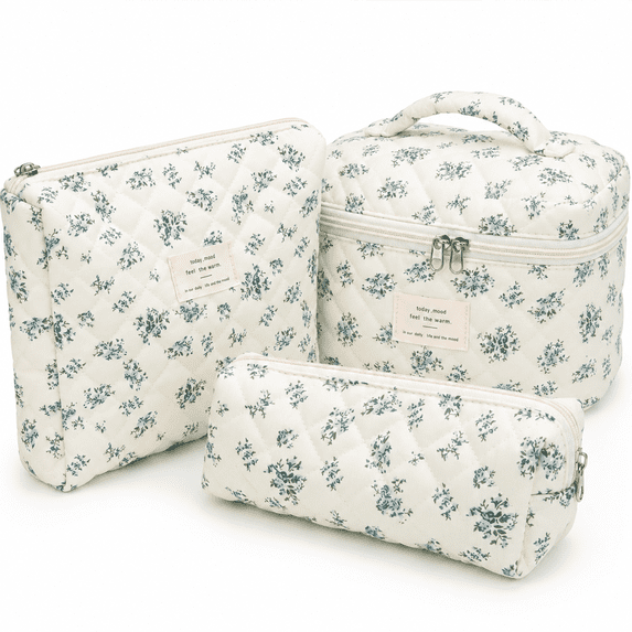 Lomyolo 3 Pcs Quilted Makeup Bag Set for Women, Cute Floral Cosmetic Bags, Large Travel Toiletry Bag, Makeup Pouch & Brush Bag Organizer - Blue Botanical Floral