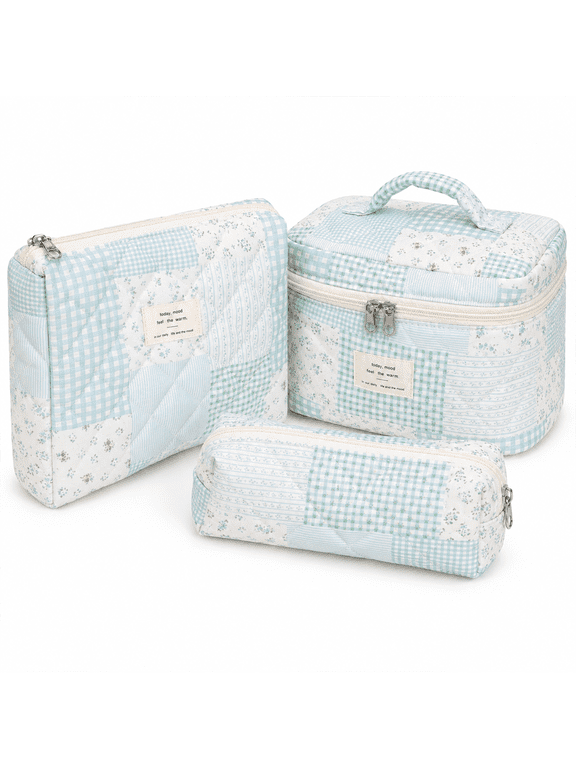 3 Pcs Quilted Makeup Bag Set for Women, Cute Floral Cosmetic Bags, Large Travel Toiletry Bag, Makeup Pouch & Brush Bag Organizer - Blue Plaid Floral