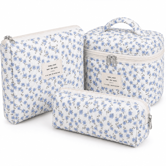 Lomyolo 3 Pcs Quilted Makeup Bag Set for Women, Cute Floral Cosmetic Bags, Large Travel Toiletry Bag, Makeup Pouch & Brush Bag Organizer - Blue Vine Floral