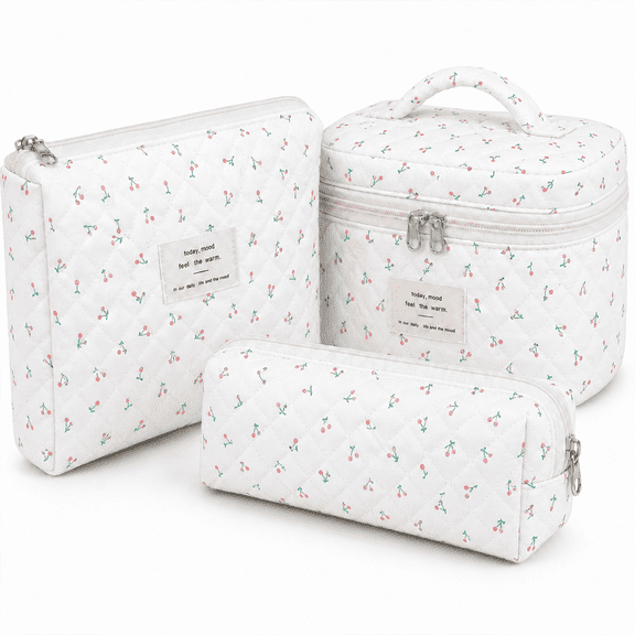 Lomyolo 3 Pcs Quilted Makeup Bag Set for Women, Cute Floral Cosmetic Bags, Large Travel Toiletry Bag, Makeup Pouch & Brush Bag Organizer - Cherry Print