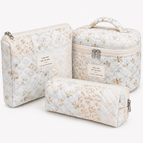 Lomyolo 3 Pcs Quilted Makeup Bag Set for Women, Cute Floral Cosmetic Bags, Large Travel Toiletry Bag, Makeup Pouch & Brush Bag Organizer - Purple Patchwork Floral