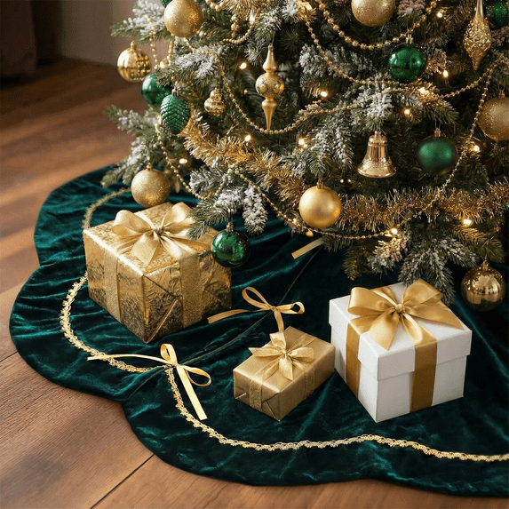 Lomyolo 36Inch Christmas Tree Skirt - Luxury Velvet with Sparkling Gold Lace Trim, Scalloped Edge Xmas Tree Skirt for Merry Christmas Party Gift Holiday Home Decor-Green